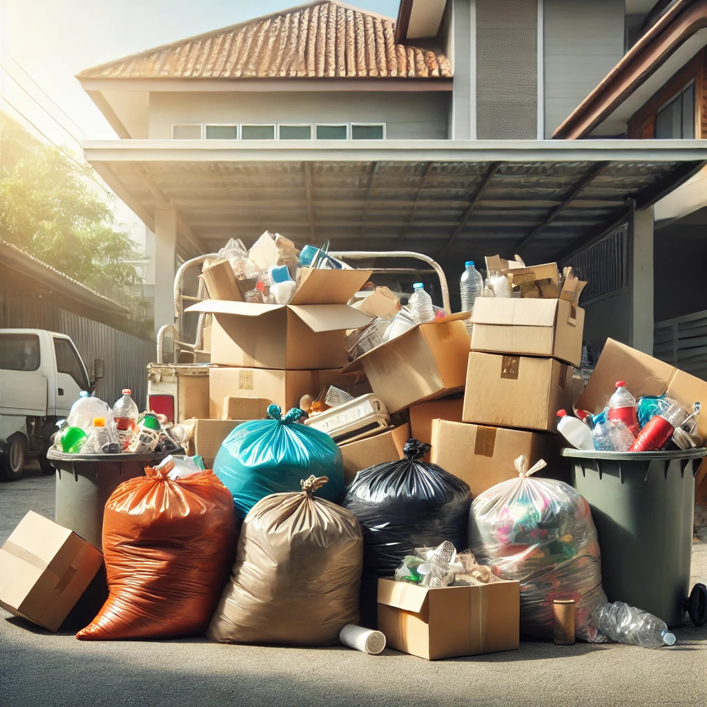 A cluttered garage before and after junk removal by Tom's Junk Services.